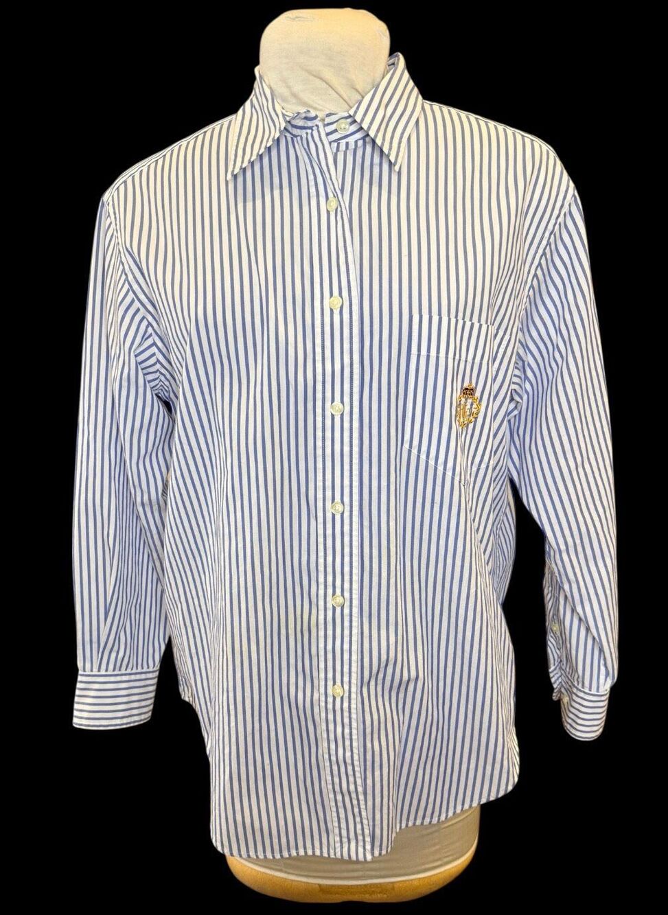 Lauren Ralph Lauren Vertical Stripe Button Front Blouse Large Vintage Crest - Picture 2 of 11